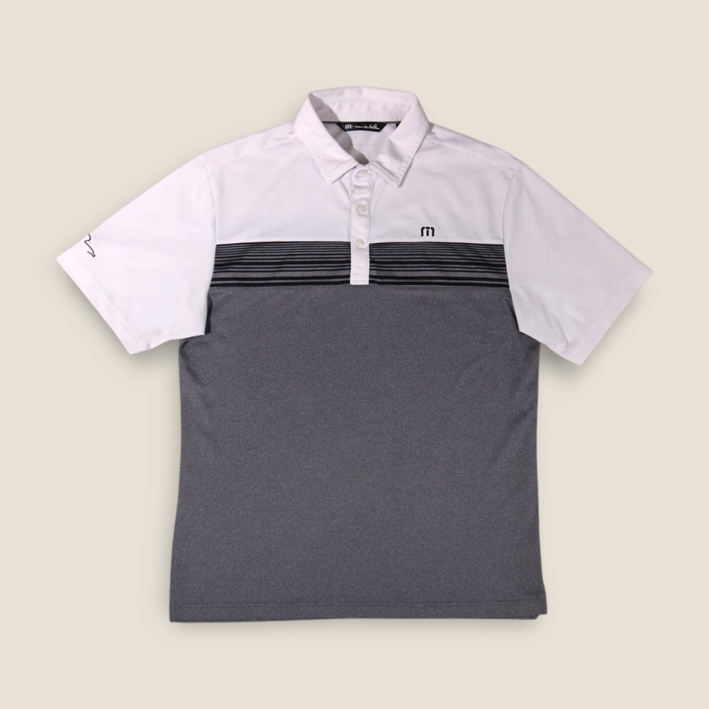Travis Mathew Golf Polo Men’s Medium Short Sleeve Shirt Preppy Logo White & Gray